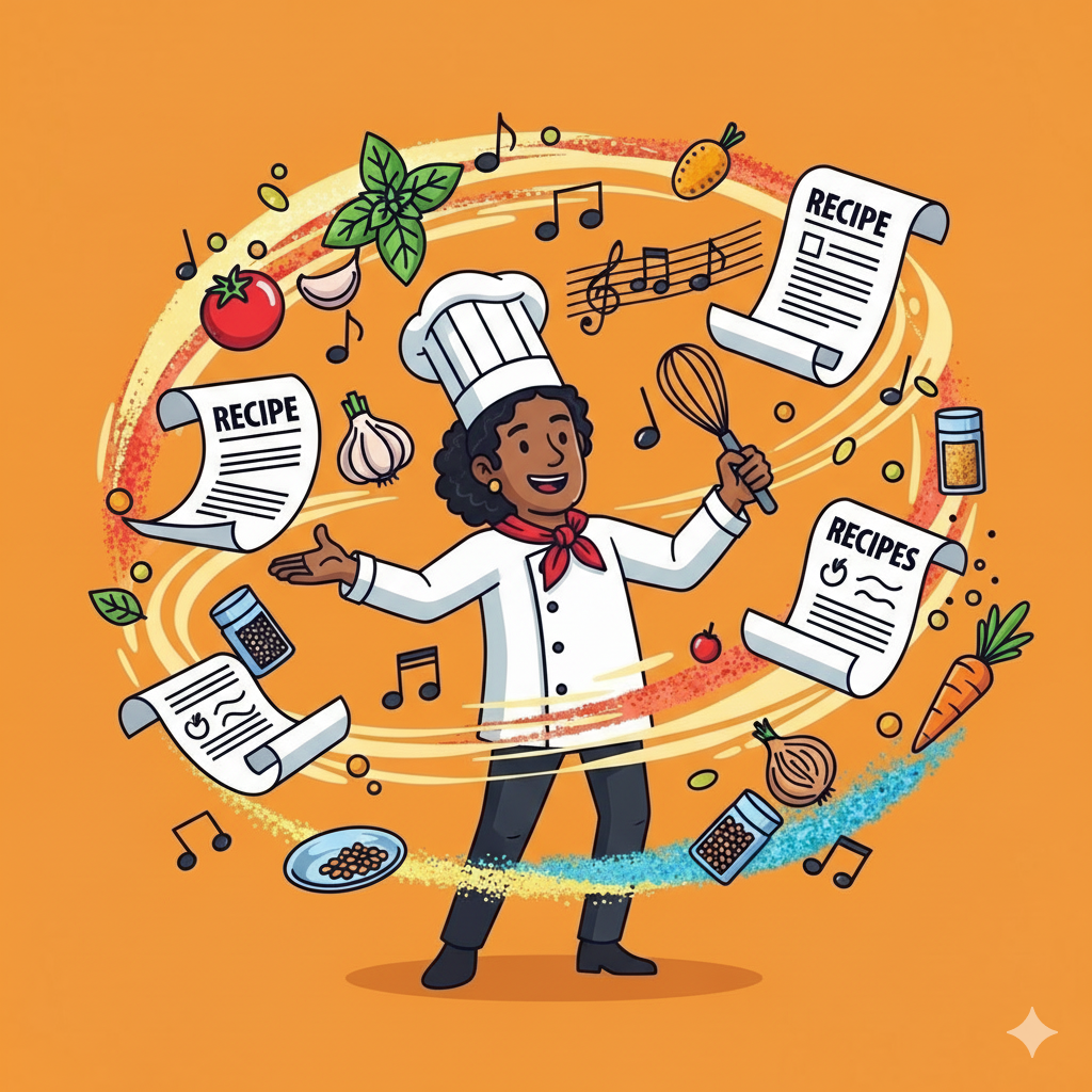 An illustrated image of a female chef in a white uniform, red scarf, and a tall white hat. She's holding a whisk in her right hand and gesturing with her left, surrounded by floating recipe scrolls, musical notes, and fresh ingredients like tomatoes, garlic, onions, basil, and carrots.