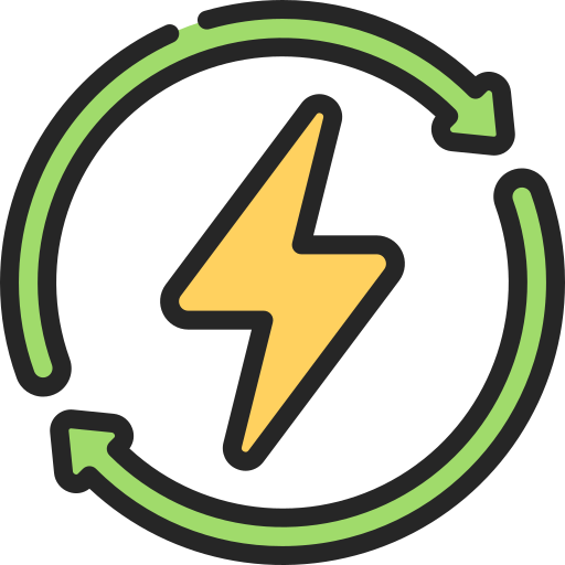 An icon showing a yellow lightning bolt in the center of a green circle with two arrows, suggesting energy efficiency or renewable energy.