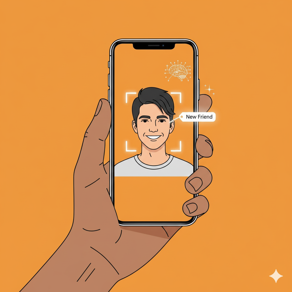 An illustrated image of a hand holding a smartphone. The screen displays a person's smiling face with a digital square around it. A chat bubble points to the person and says "New Friend". At the top of the screen, a brain icon with connecting lines symbolizes a digital process.