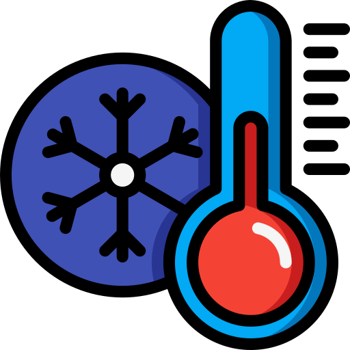 An icon showing a blue thermometer with a red bulb, next to a large blue snowflake. It represents cold or low temperature.