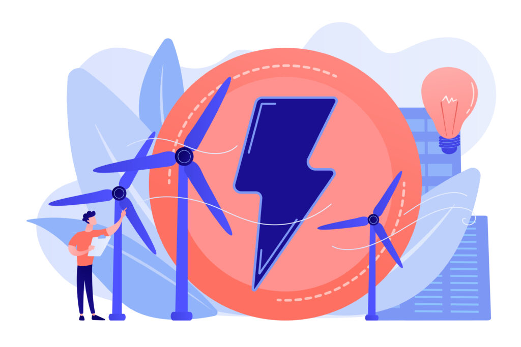 A vibrant illustration showing a man adjusting a wind turbine, with two other turbines, a building, and a lightbulb surrounding a large central graphic of a blue lightning bolt.